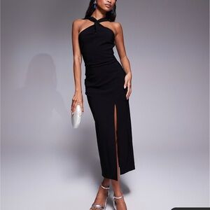 Twist Front Halter Neck Black Dress